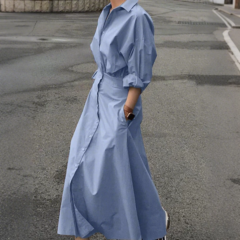Vestidos longos de verão feminino 2026 primavera outono novas roupas azul puff mangas botton simples casual maxi camisas vestidos para mulher