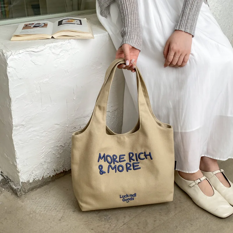 

Vintage Casual Canvas Shoulder Bag Large Capacity Letter Embroidered Tote Bags Minimalist Versatile Student Daily Handbag