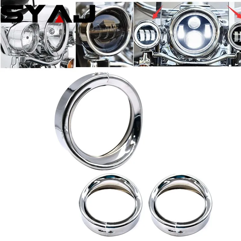 Motorcycle 7'' Headlight Visor Style Trim Ring + 4.5'' Auxiliary Fog Light Ring Chrome For Harley Touring Road King Dyna Softail