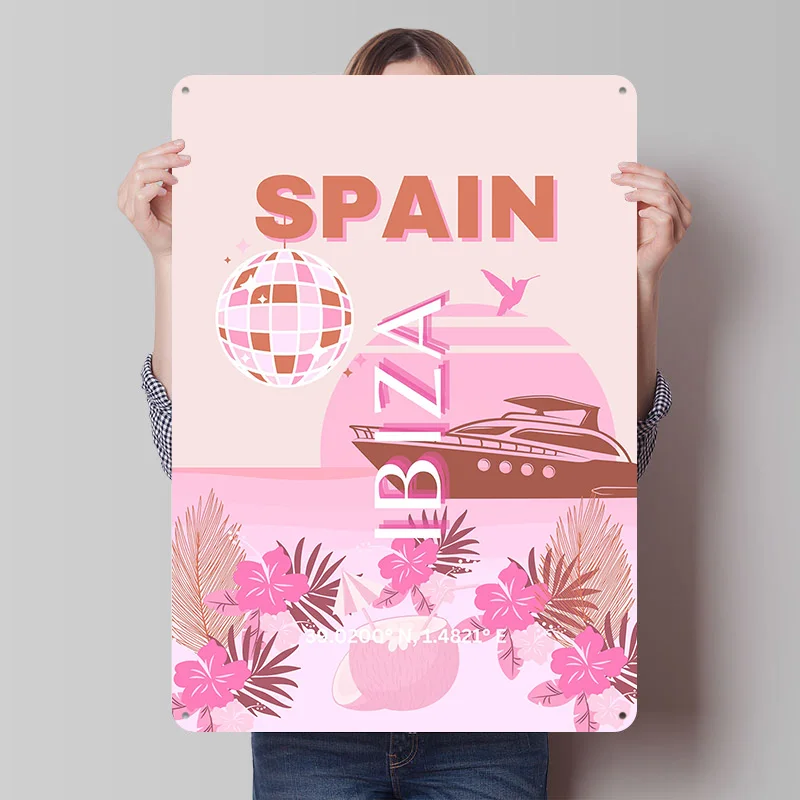 Spanien Wohnzimmer-Dekoration Gemütliches Ibiza-Reise-Poster Individuelles Retro-Wandkunst Vintage Metallschild für Zuhause und Schlafzimmer