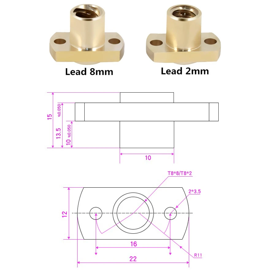 Vis à plomb T8 en laiton pour imprimante 3D, 2 pièces, kg, écrou en H, pas de 2mm, 2mm, 8mm, bricolage