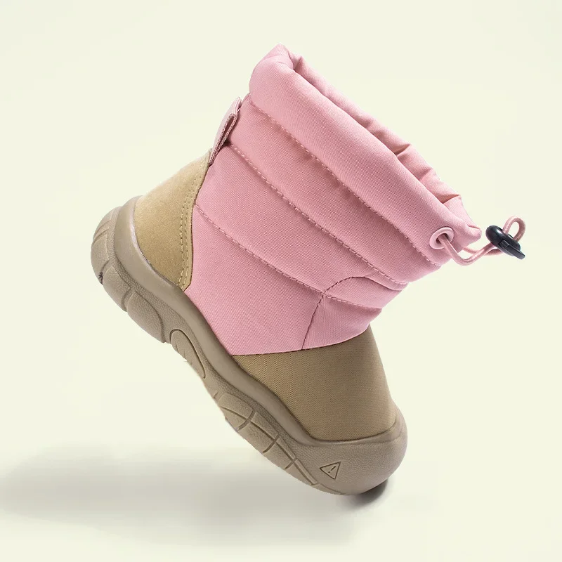

Color-Block Kids Winter Snow Boots Fleece-Lined Warm Drawstring Soft-Soled Anti-Collision Toe Cotton Footwear for Boys & Girls