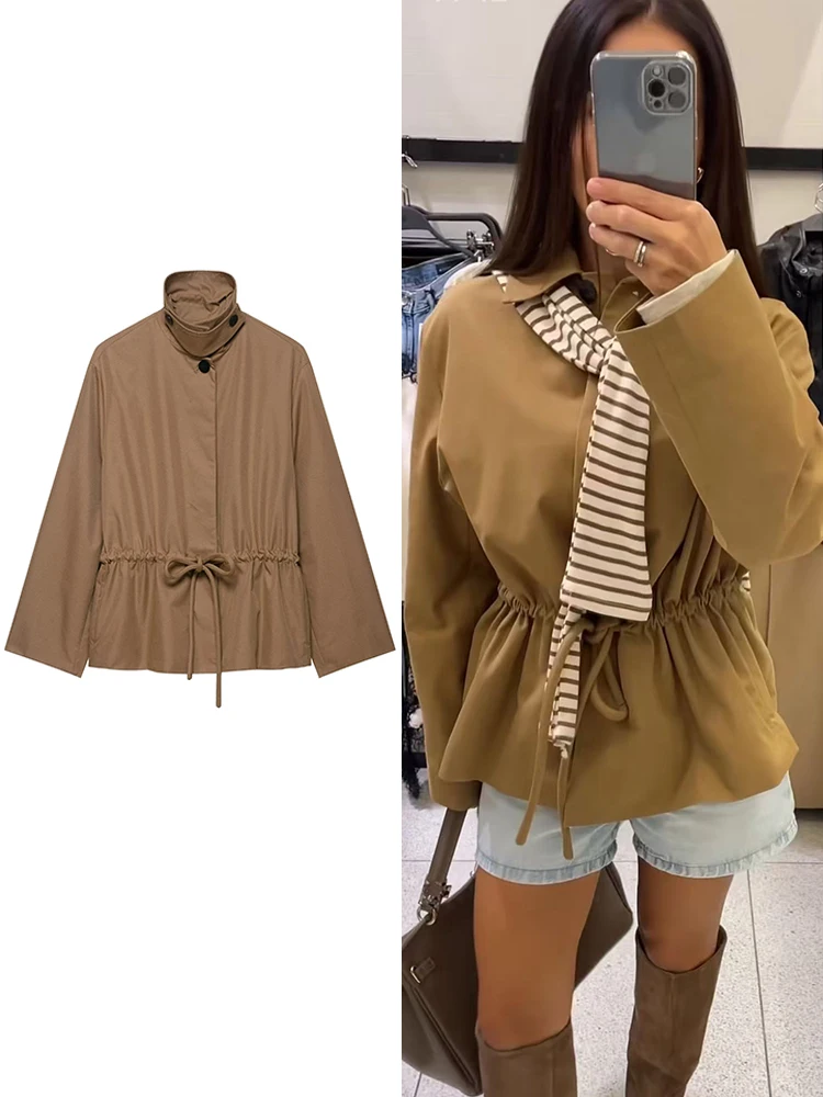 

TFMLN 2025 осенние однотонные пальто на шнурке для женщин, модные повседневные свободные укороченные пальто с длинными рукавами, простая женская верхняя одежда, топы