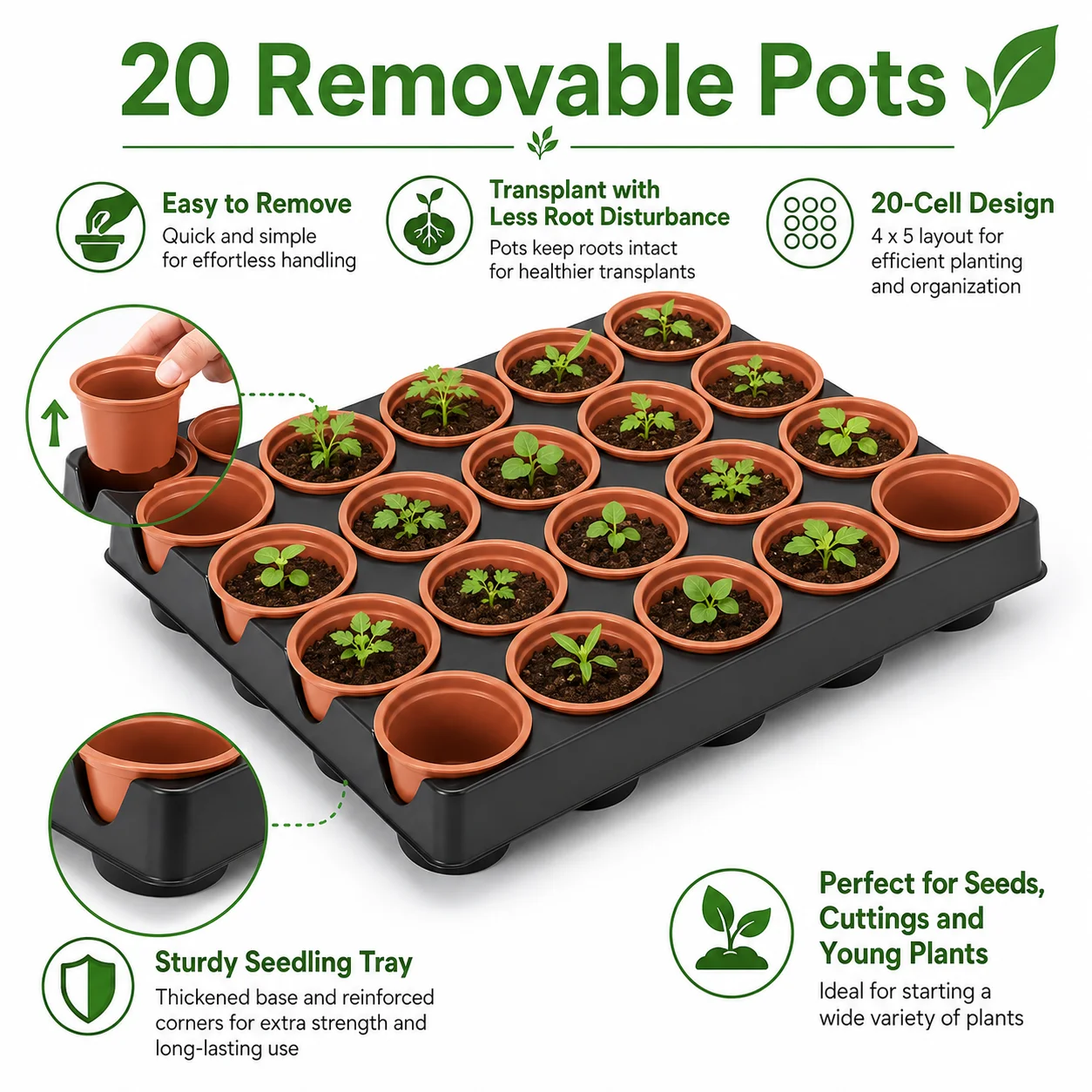 20-Pot Seedling Starter Tray, Modern Removable Nursery Pots for Indoor Outdoor Home Garden Growing & Transplanting