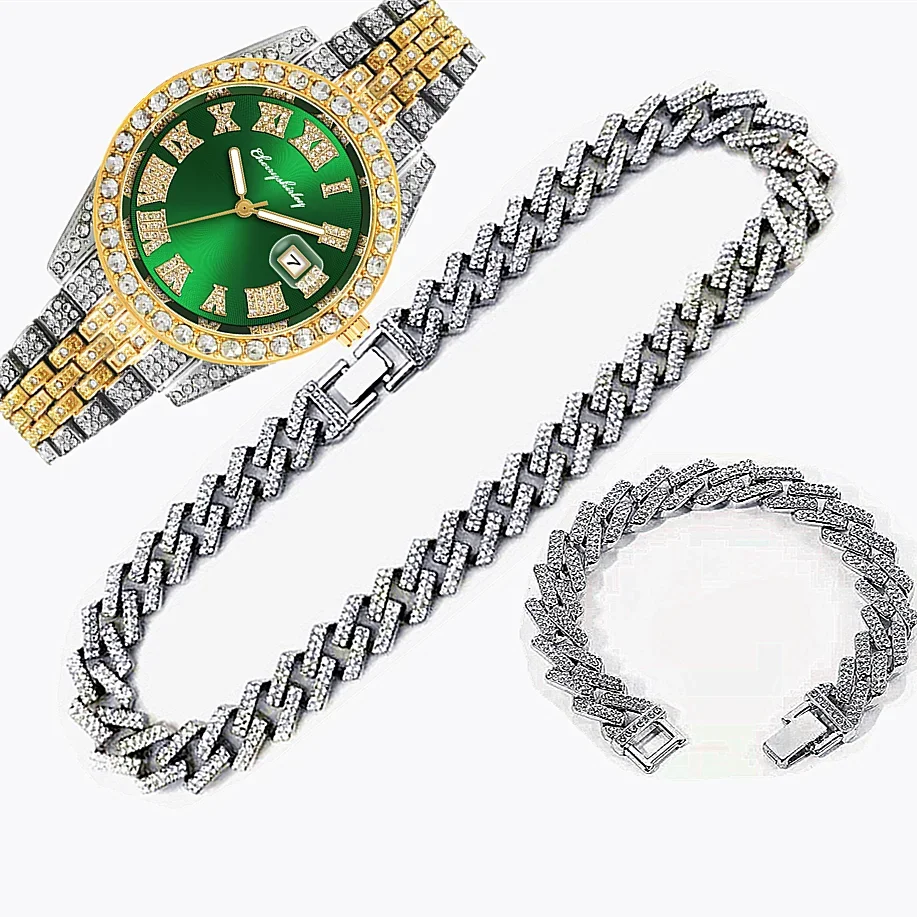 3pcs Luxury Iced Out Watch for Men Hip Hop Miami Bling Cuban Chain 15mm Big Gold Chain Necklace Watches Men Jewelry Set Relojes