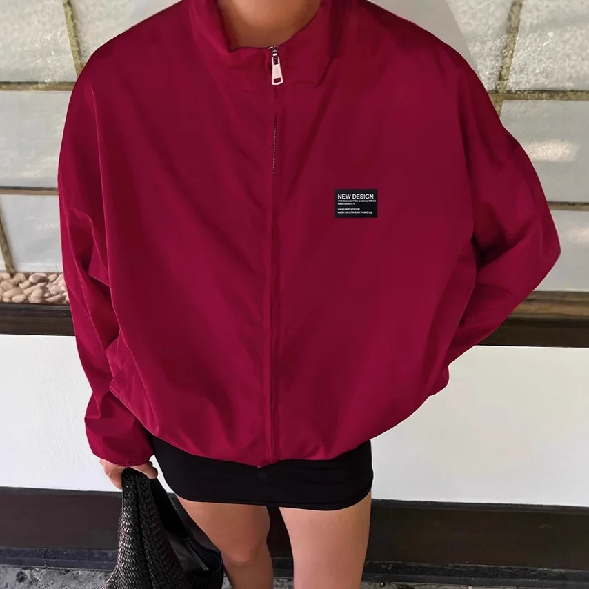 

Stylish Autumn Women Coat Stand Collar Zipper Fly Loose Fit Long Sleeve Lady's Outwear Korean-style Versatile Jacket For Female