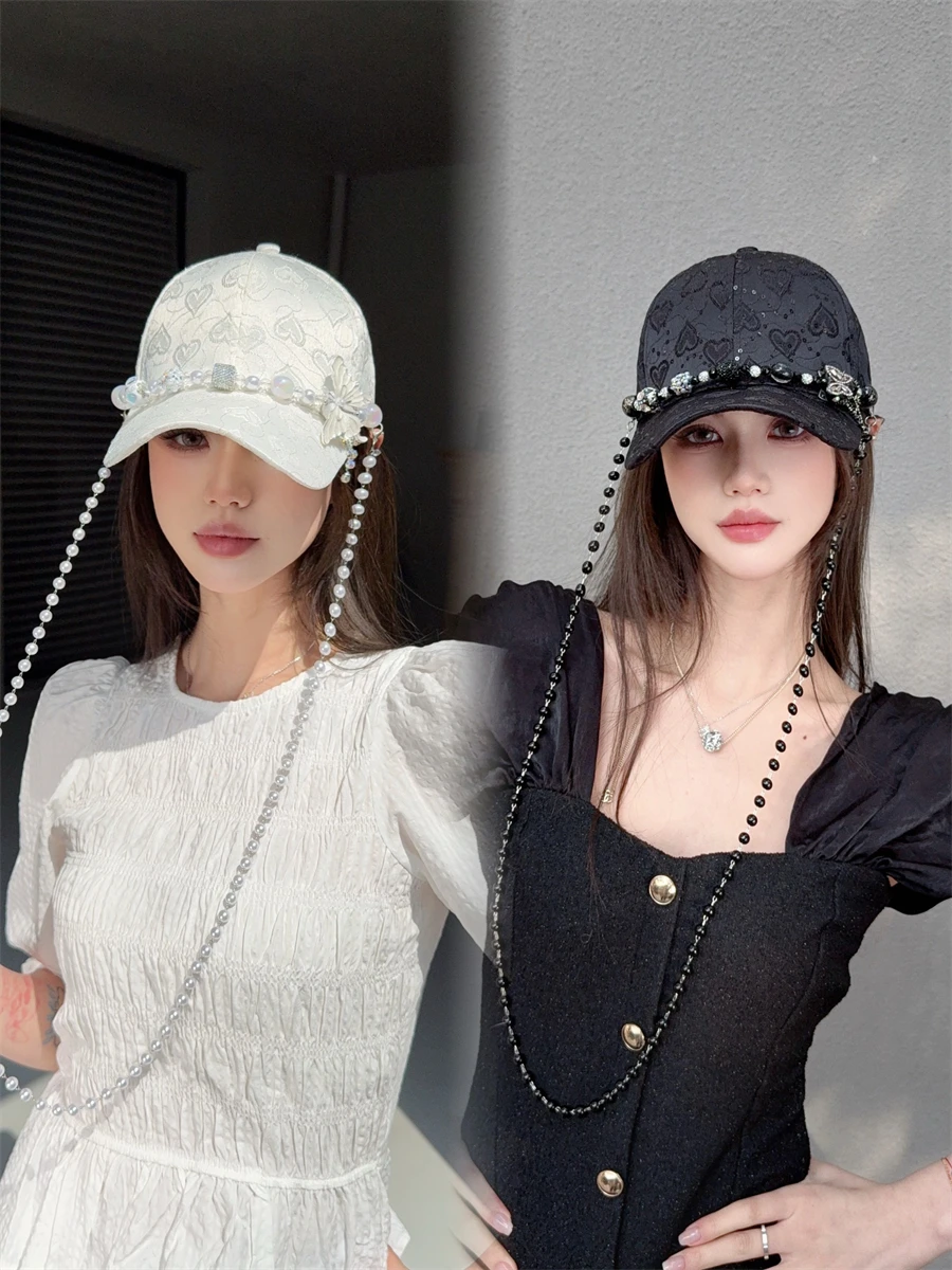 niuyang-original-elegant-satin-duckbill-cap-with-detachable-heavy-embroidery-rhinestone-hanging-chain-women's-summer-hat