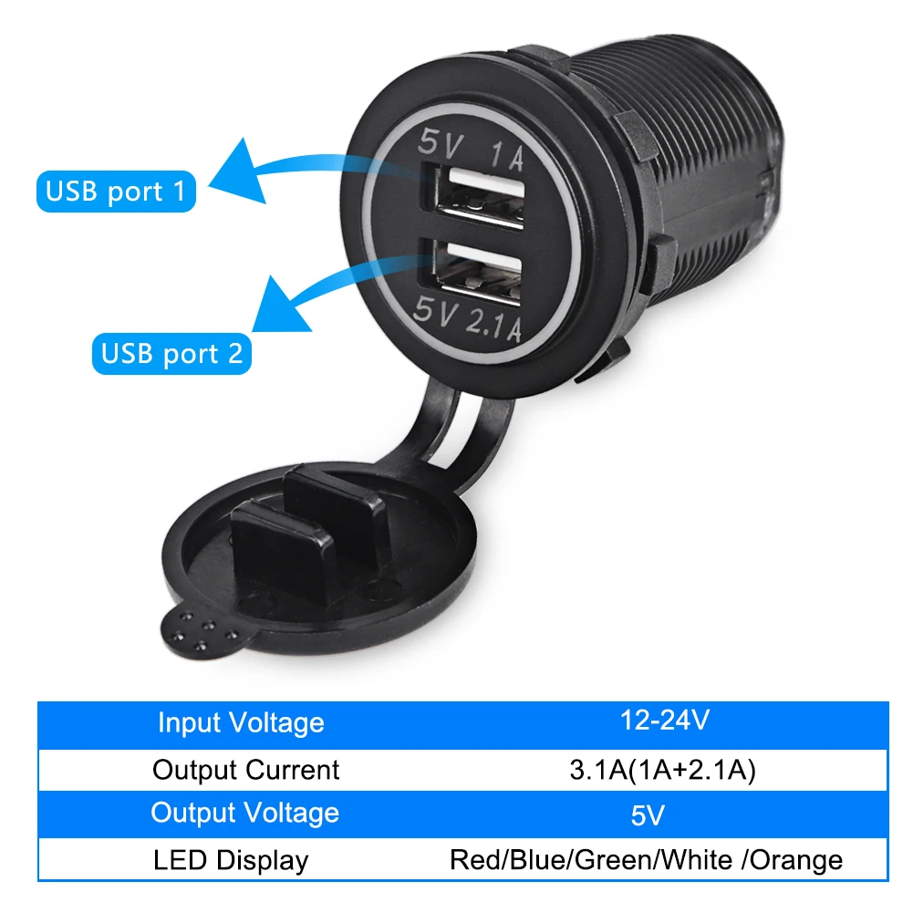 3.1A Dual USB Car Charger Socket Car Outlet Fast Charging Adapter for 12v 24V Motorcycle Boat Marine Truck Boat ATV