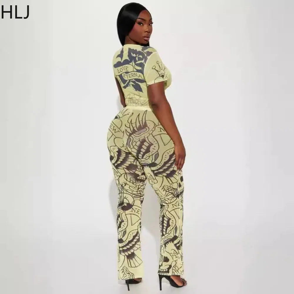 HLJ Fashion New Y2K Streetwear Women Mesh Print O Neck Hollow Out Short Sleeve Crop Top And Pants Two Piece Sets Female Outfits