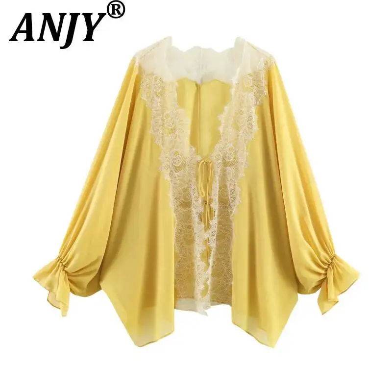 

ANJY Spring Summer New Women Vacation Style Lace Patchwork Sheer Long Sleeve Shirt Trendy Ins Loose Casual Lace-Up Blouse A24566