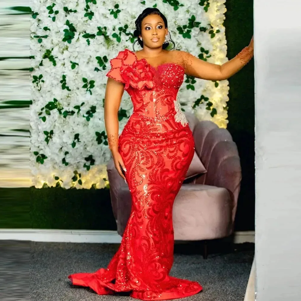 

Red Lace Mermaid Prom Dresses Illusion Long Sleeves Handmade Flowers Plus Size African Women Evening Dress Formal Occasion Gowns