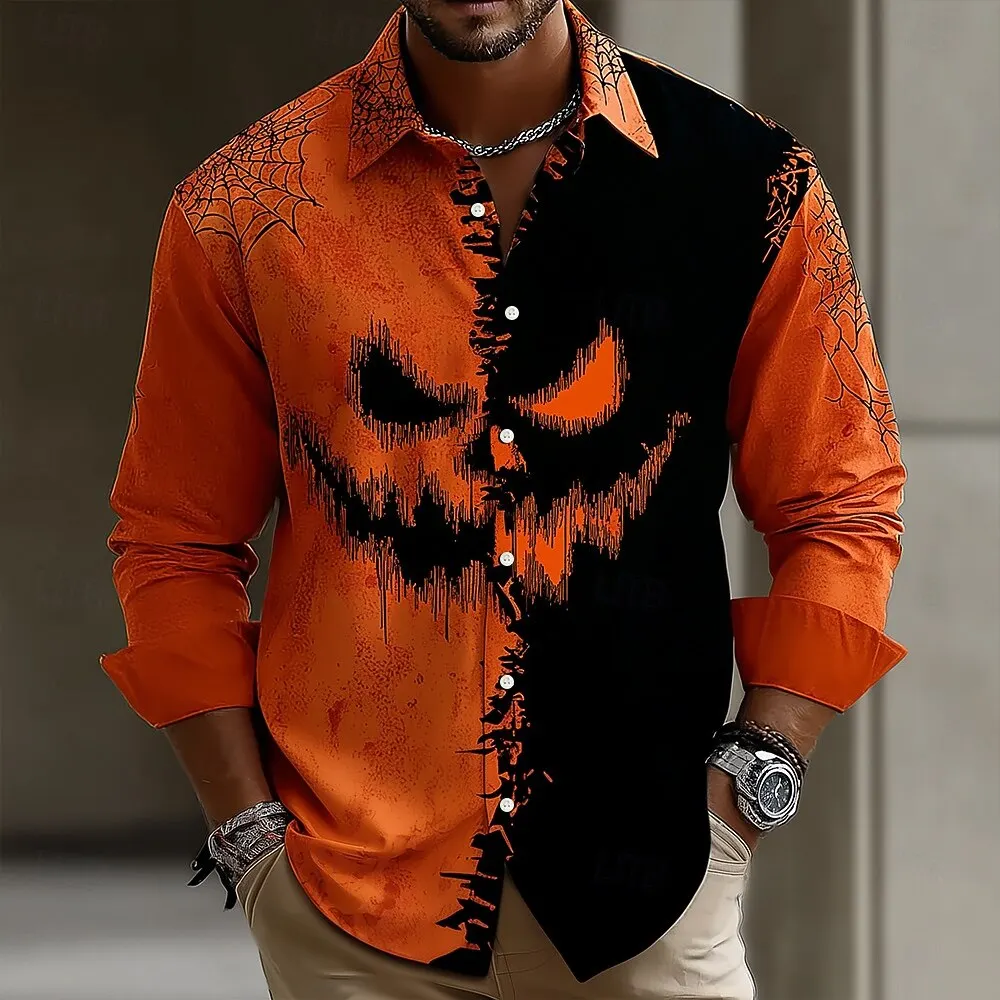 2025 Fall Winter Halloween Theme Men's Pumpkin Halloween Costumes Shirt Button Up Shirt Long Sleeve Shirts Gothic Style Tops