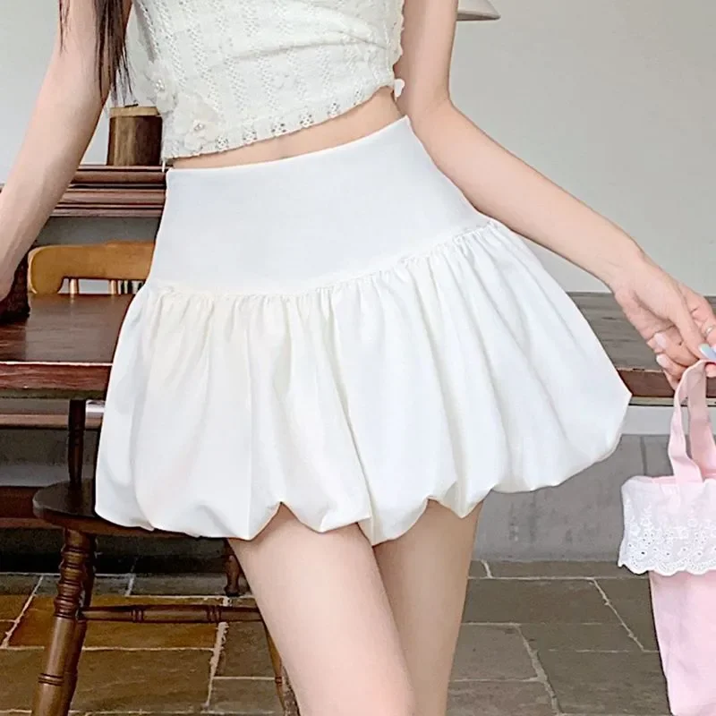 White Puffy Short Skirt Women Summer Petite High Waist Slimming 2000s Y2k Streetwear A Line Mini Skirt
