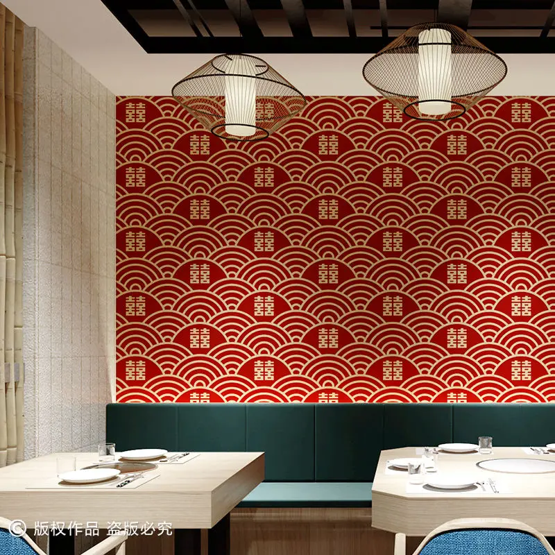 

Ethnic Style Red Wave Wallpaper Japanese Style Ukiyo-E Tibetan Style Boho Bedroom Dining Wedding Room Background Wallpaper