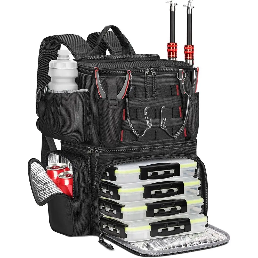 

MATEIN Fishing Backpack with 4 Tackle Boxes, Fishing Bag with Rod Holder & Safety Compass & Cooler, Gifts for Fishermen