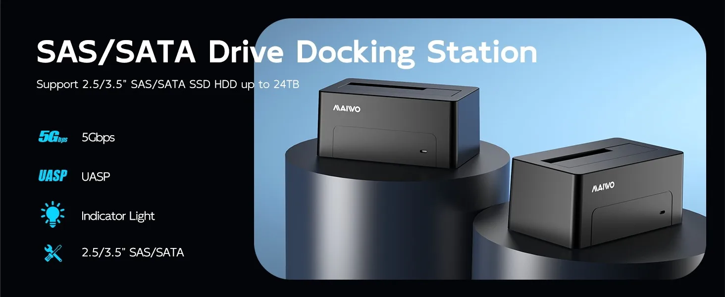 MAIWO SAS Festplatten-Dockingstation für 2,5/3,5 Zoll HDD SSD-Festplattengehäuse SATA auf USB 3.0 HDD-Dockingstation mit 12 V Netzteil – Detail 1