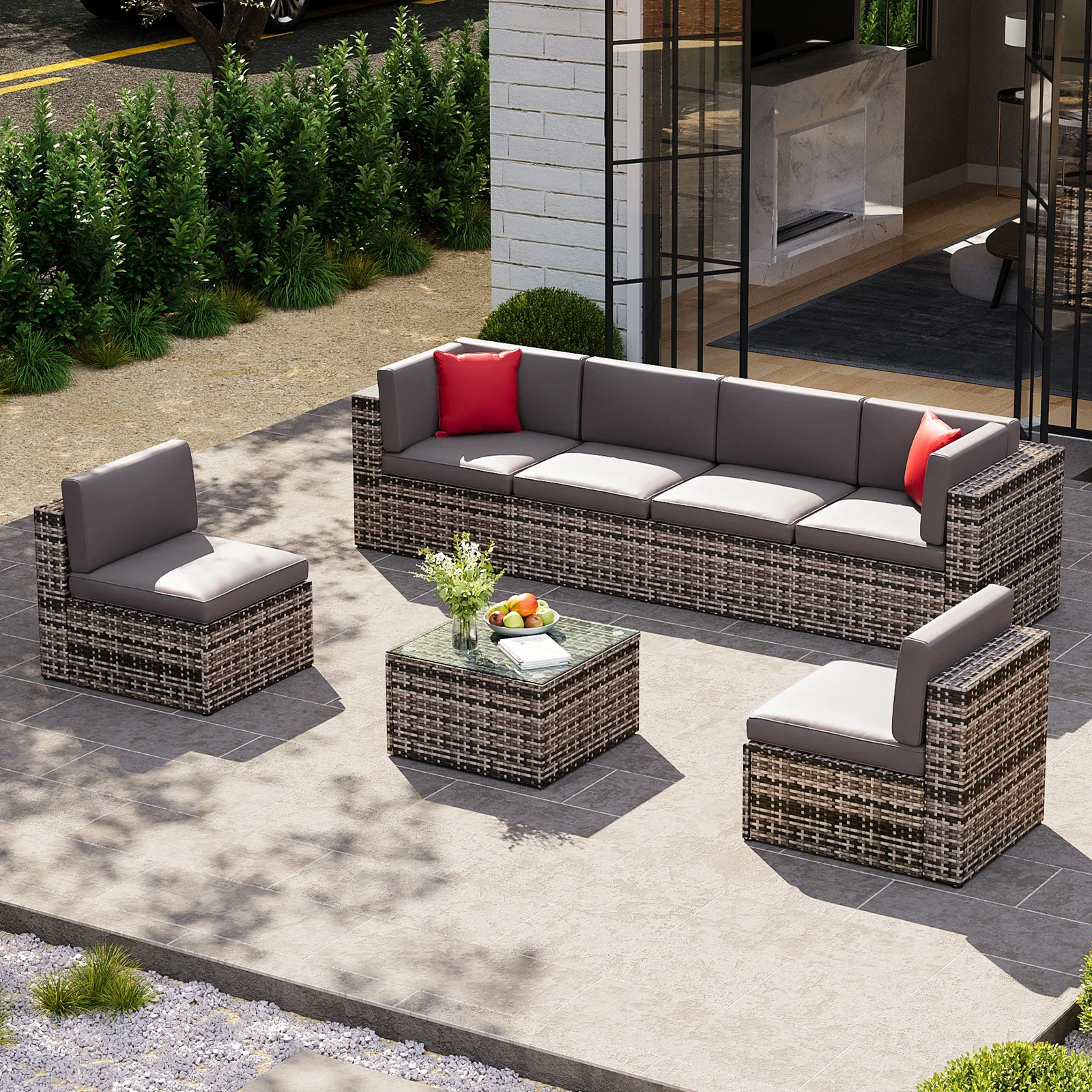 7 Pieces Patio Furniture Set, Outdoor Conversation Set Wicker Rattan Sectional Sofa with Coffee Table for Garden,Backyard (Grey）