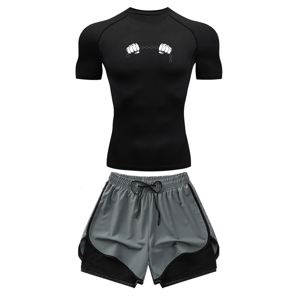 

Men's Casual Sports Suit Printed Quick Drying Short Sleeve With Drawstring Double Layer Shorts For Summer Fitness Training