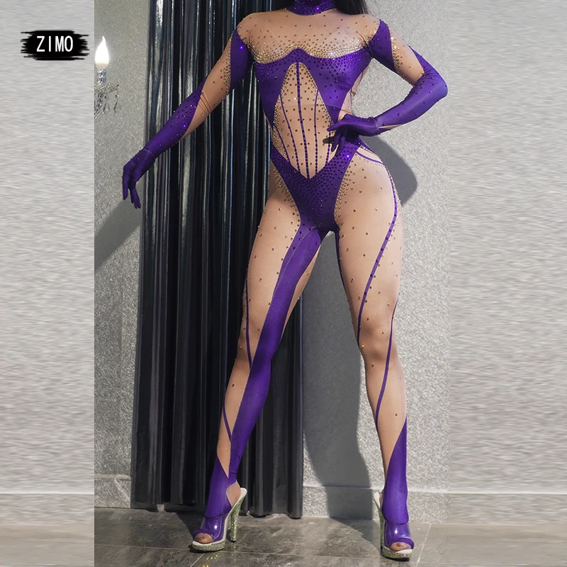 Shiny Crystal Purple Jumpsuit Women Color Blocking Sexy DJ Bar Stage Performance Costume Birthday Party Dance Drag Queen Tights