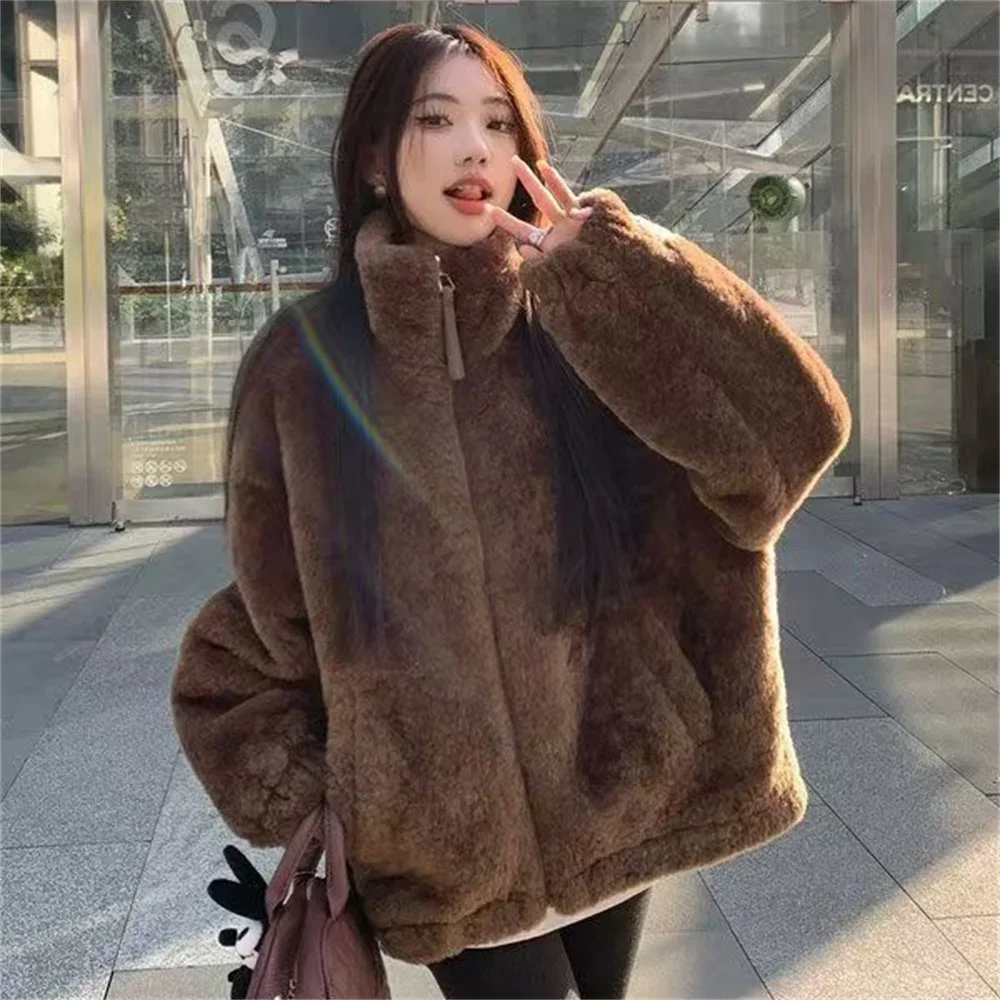 Women Thicken Overcoat Clothes Autumn Winter Loose Women's Solid High Neck Female Lamb Wool Jackets Korean Vintage Cashmere