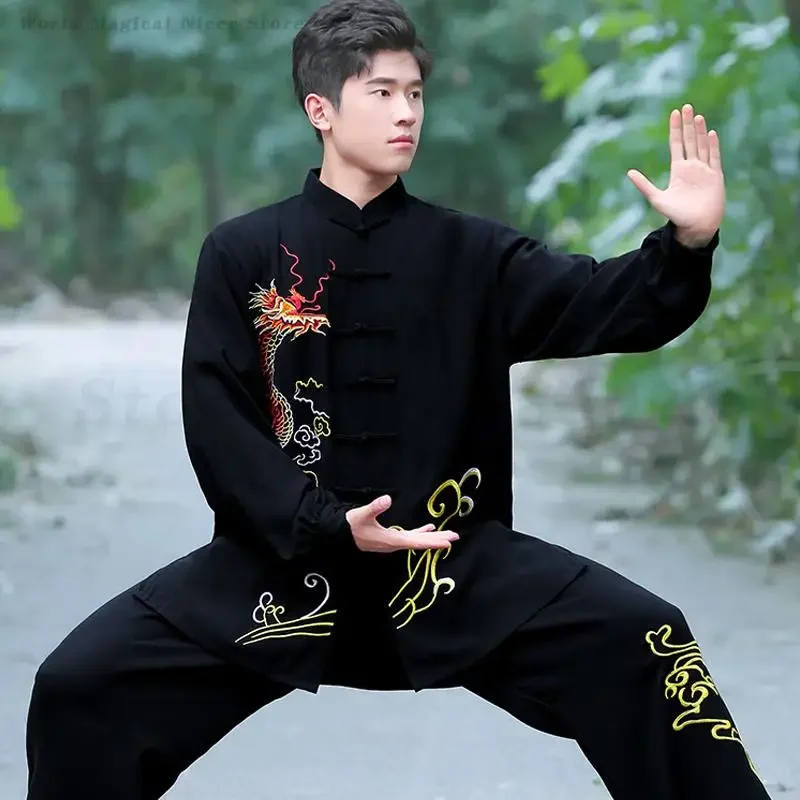 Di alta Qualità Tai Chi Vestiti Delle Donne Degli Uomini Ricamato Drago Kung Fu Camicia Wushu Uniforme Autunno Nuovo Tang Vestito Wing Chun Costume 3XL
