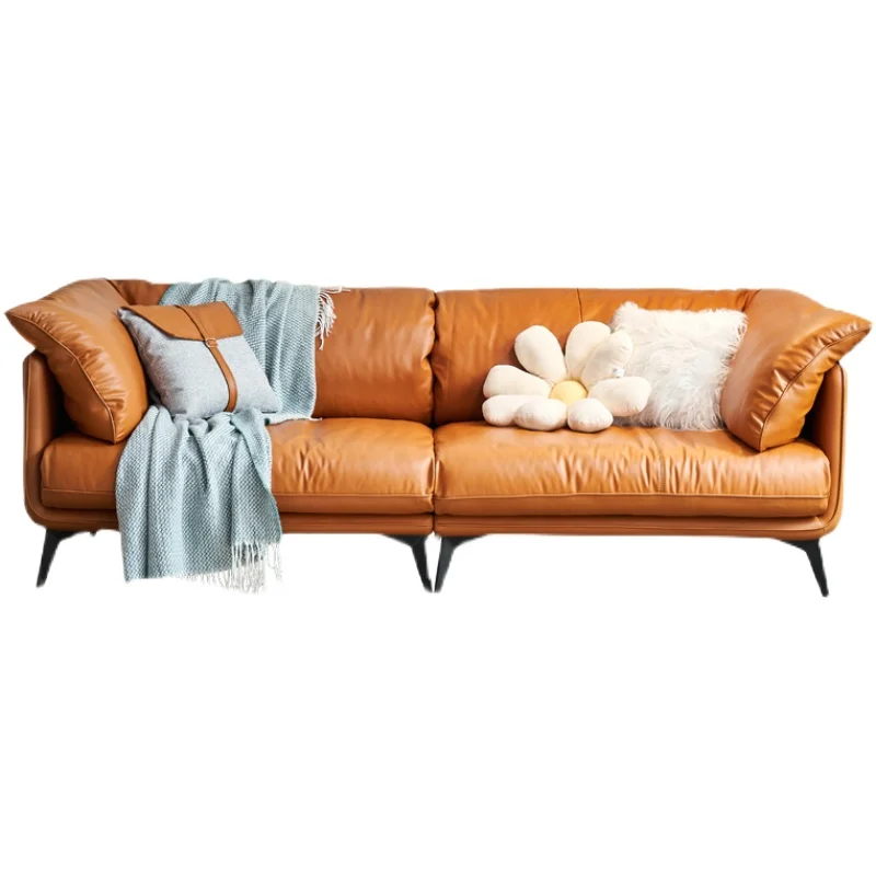 

Vintage Oil Wax Genuine Leather Sectional Sofa First-Layer Cowhide Small Apartment Living Room Italian Minimalist Modern Simple