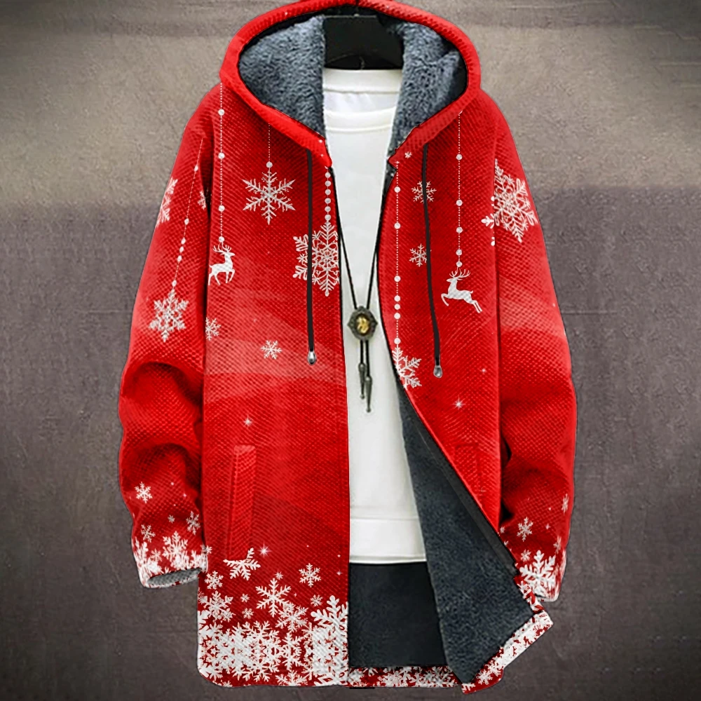 

Men's Christmas Gradient Snowflake Reindeer Print Hooded Jacket with Warm Fleece Lining Stylish Winter Coat for Casual Wear