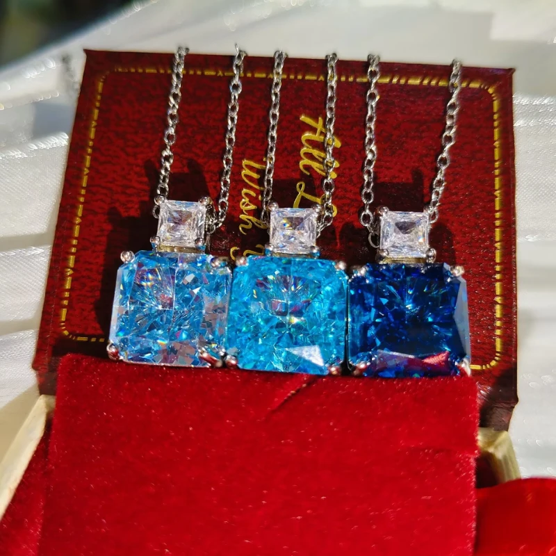 

925 Sterling Silver Fashion Temperament Ice Flower Cut Crystal Zircon Square Perfume Bottle Pendant Necklace Birthday Gift