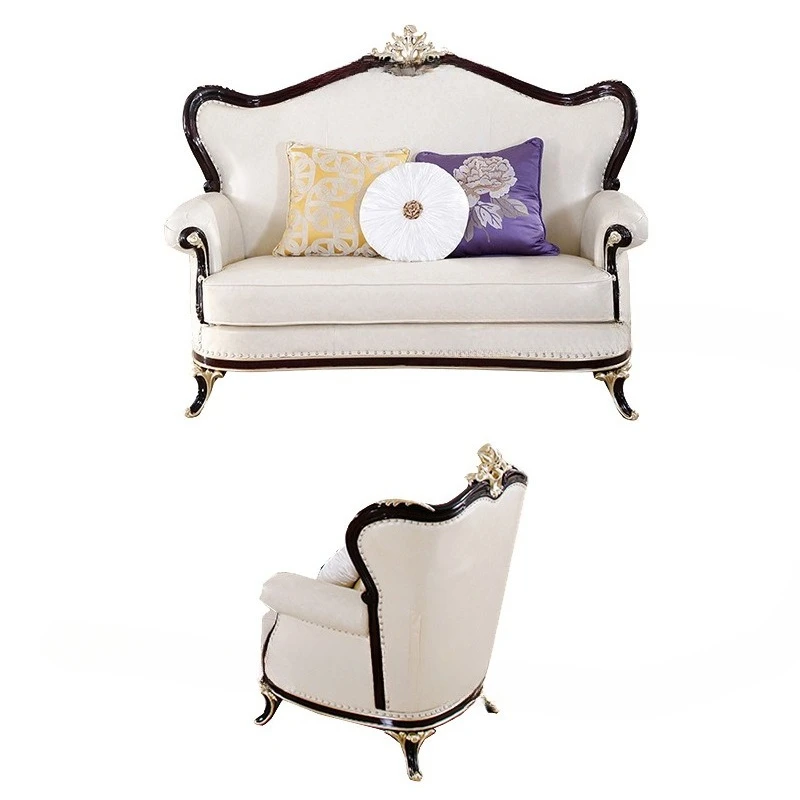 

American light luxury leather sofa, living room solid wood double-sided carved cowhide sofa