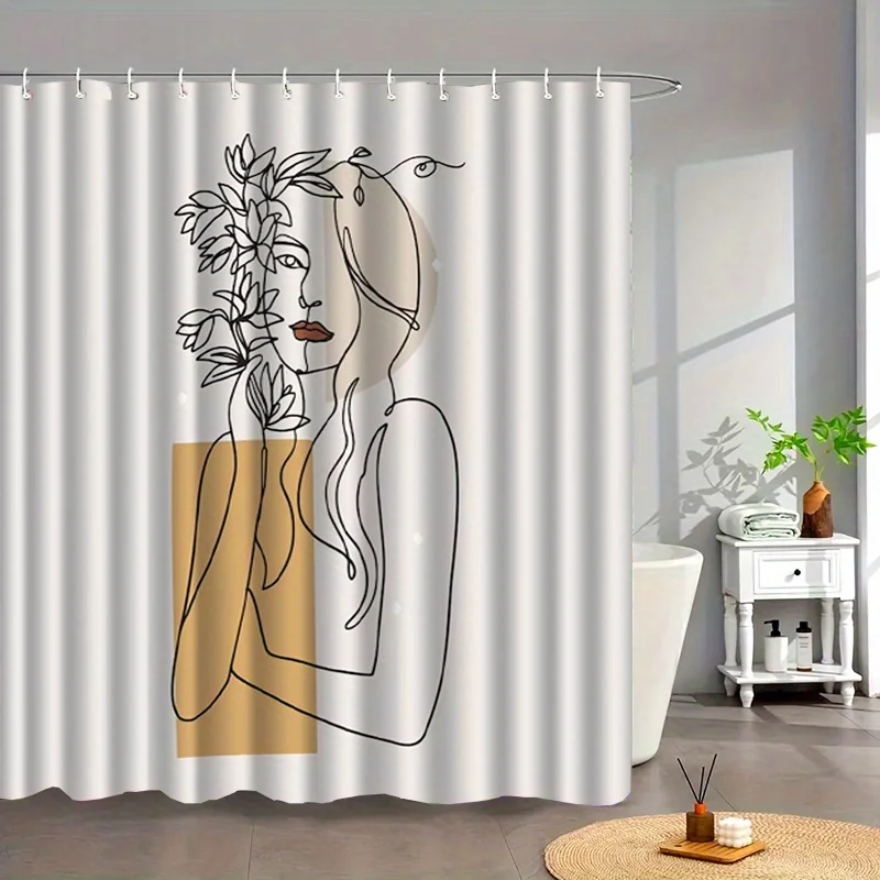 Abstract Line Art Shower Curtain Woman Holding Flowers Beige and Mustard Design Waterproof Bath Curtain Modern Boho Decor