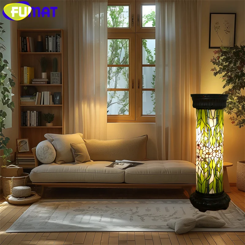 FUMAT Tiffany style stained glass European retro Roman column floor lamp for living room bedroom table lamp hotel LED decor lamp