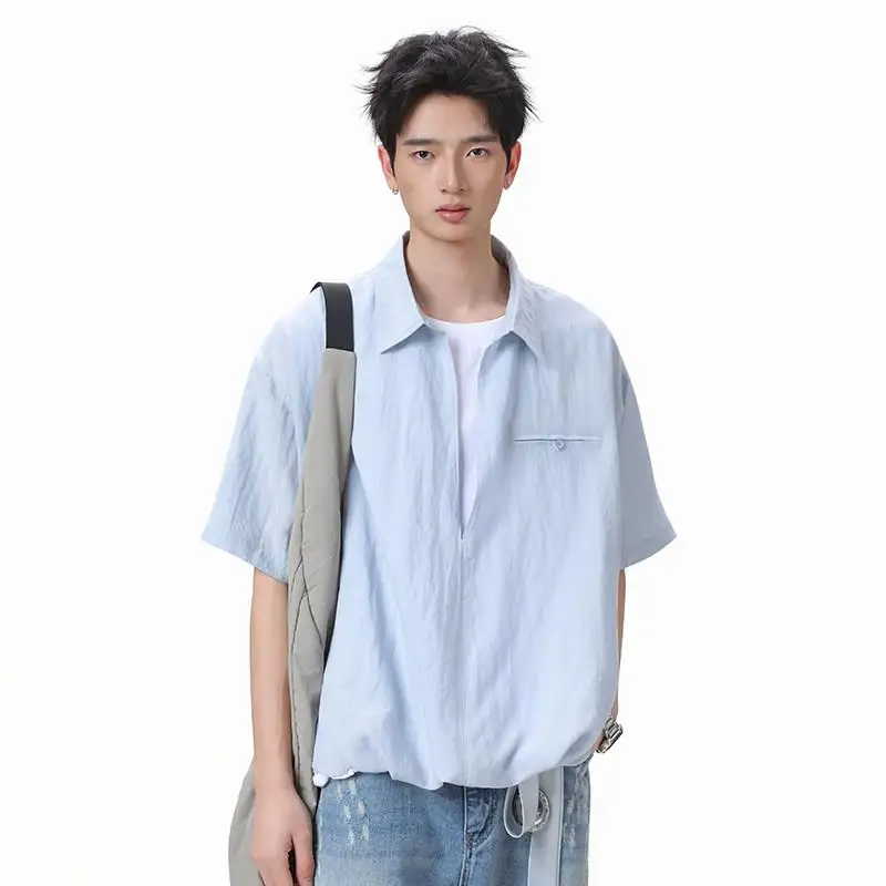 

Linen Feel Ice Silk Short Sleeve Shirt Men's Loose Fit Summer Casual Style Fashionable Youthful Design No Ironing Required