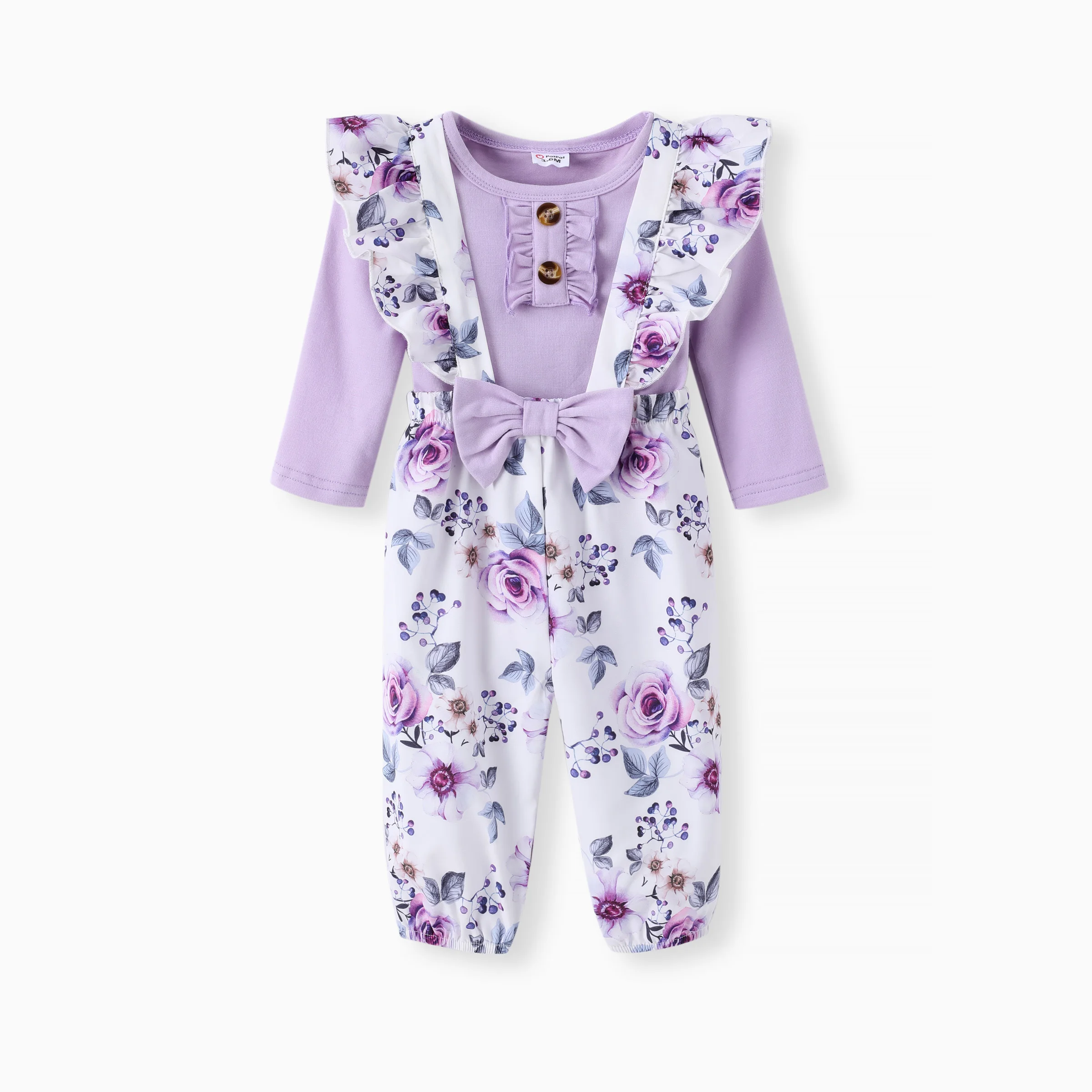 PatPat Baby Girl 2pcs Ruffled Romper and Floral Overalls Set