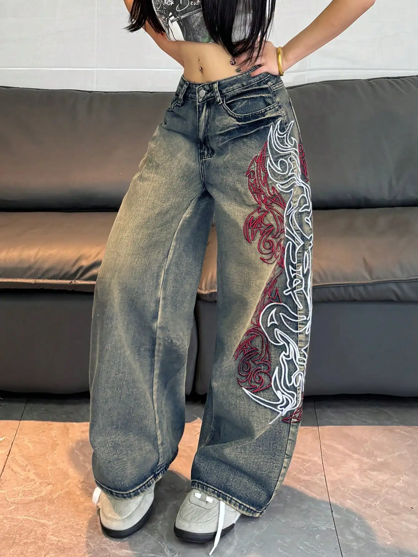 1pc Women's Loose Fit Embroidered Wide Leg Jeans, Comfortable Casual High Street Versatile Denim Pants (Belt/Accessories Not Included) Spring