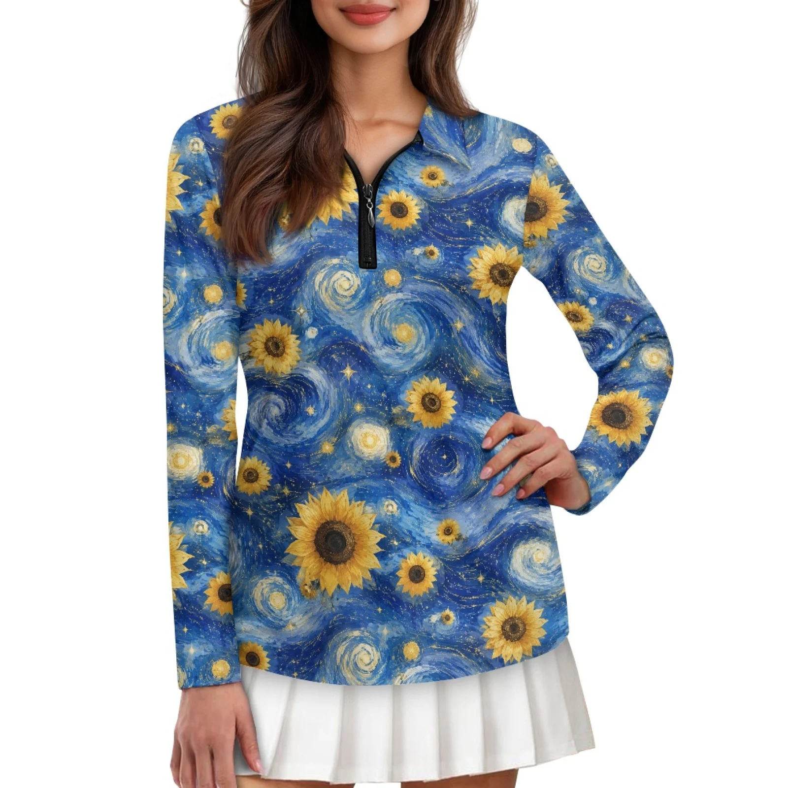 PENSTROLL Starry Sunflower Womens Soft Yoga Activewear Slim Fit Polo Shirts for Women for Cycling