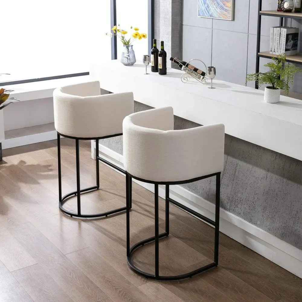 

Pair of 32 Linen Upholstered Counter Height Bar Stools with Black Metal Base