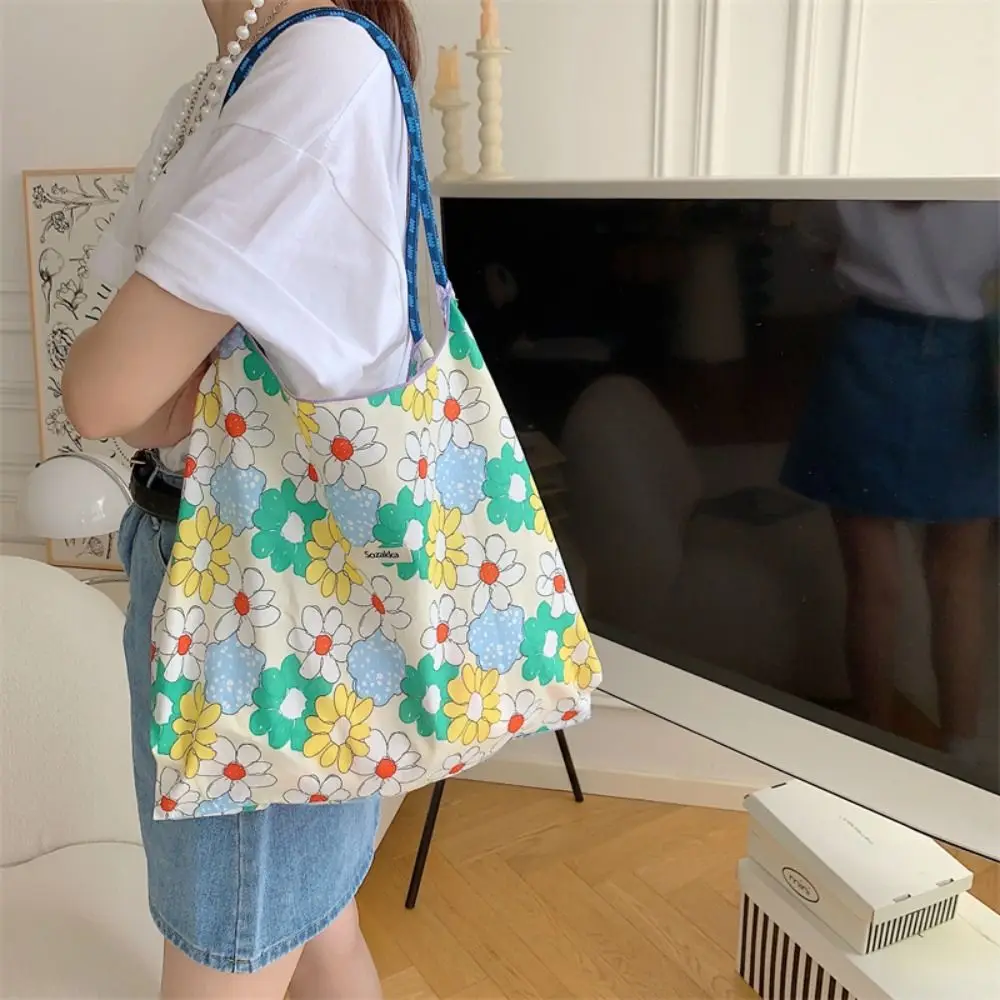 Floral Printed Canvas Shoulder Bag Portable Reusable Large Capacity Drawstring Shopping Bag Handheld Cotton Travel Tote Bag