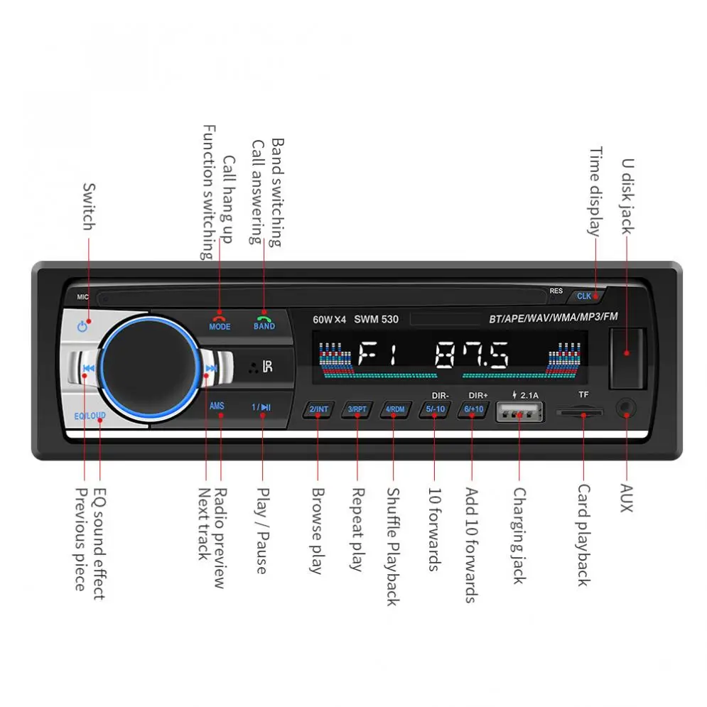 مشغلات صوت السيارة 12 فولت 1 DIN داخل لوحة بلوتوث سيارة ستيريو راديو FM MP3 مشغل الصوت دعم مكالمات حر اليدين Aux المدخلات /