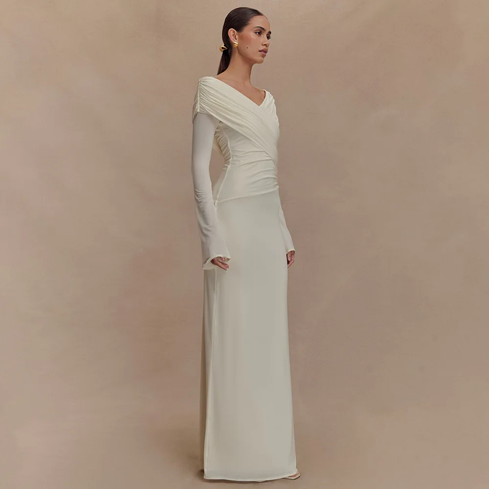Abito da donna a maniche lunghe di lusso con scollo a V incrociato increspato abiti da sera curvy festa ospite di nozze nuovo 2025 autunno inverno bianco blu