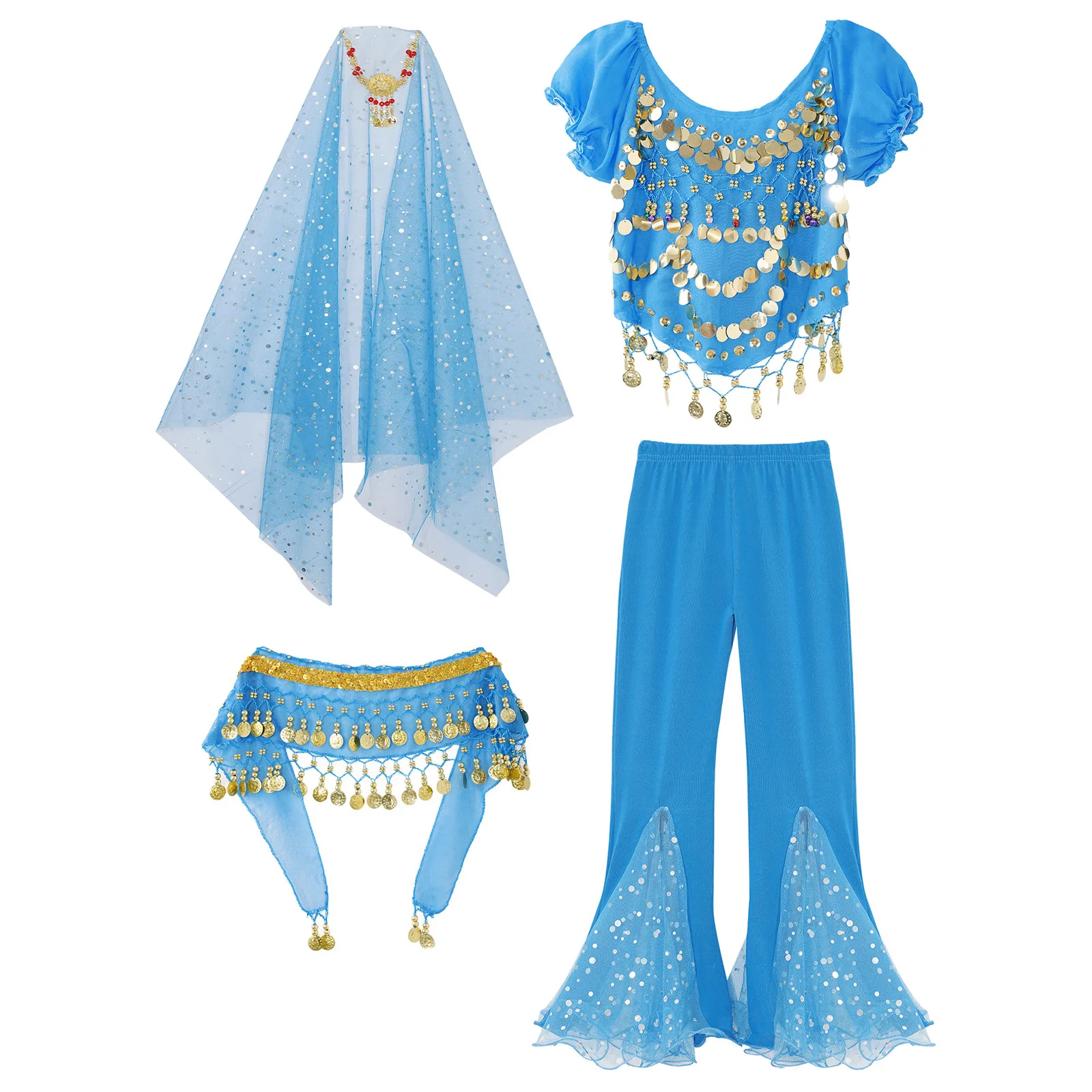 Kids Girls Belly Dance Costumes Oriental Dance India Bollywood Performance Bellydance Clothes Puff Sleeve Crop Top Flared Pants