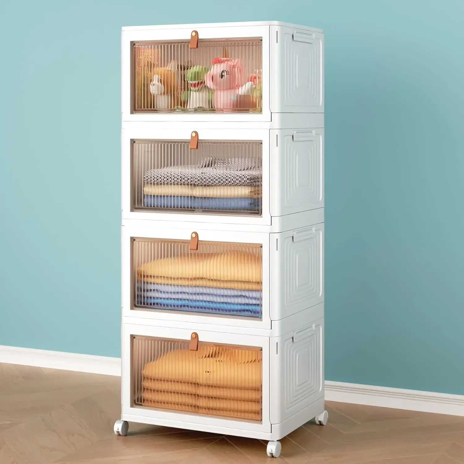 

4 Tier Storage Bins with Lids, 23QT Stackable Closet Organizers and Storage with Wheels, Collapsible Storage Boxes, Foldable