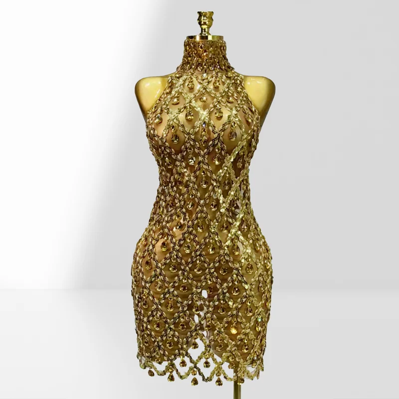 

Luxury Sparkling Diamonds Mesh Sexy Throug Mini Dress Fashion Woman Birthday Party Dress Stage Performance Costume