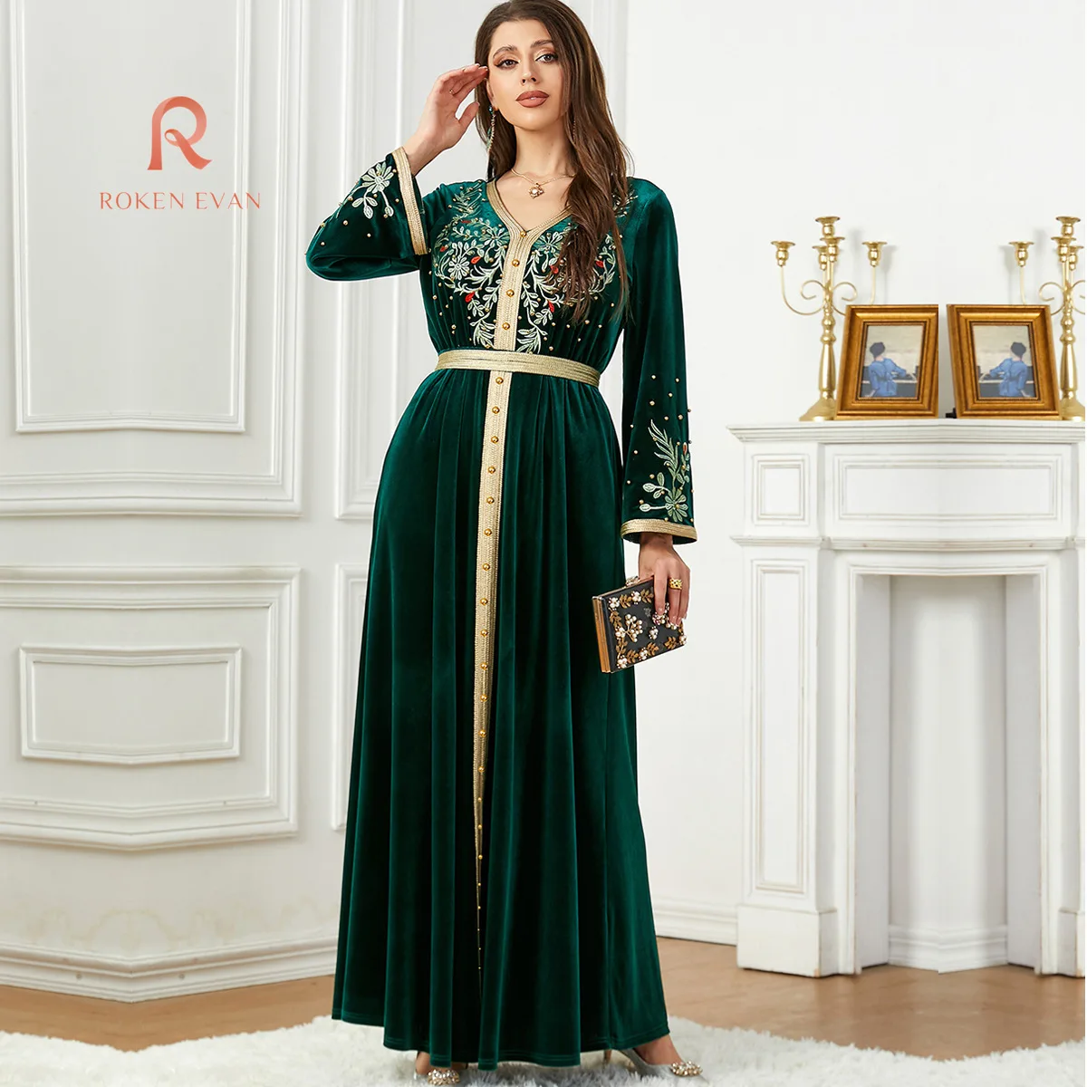 

ROKEN EVAN 2024 Middle East Dubai fashion autumn and winter embroidered beaded velvet dress Arab women's evening dress