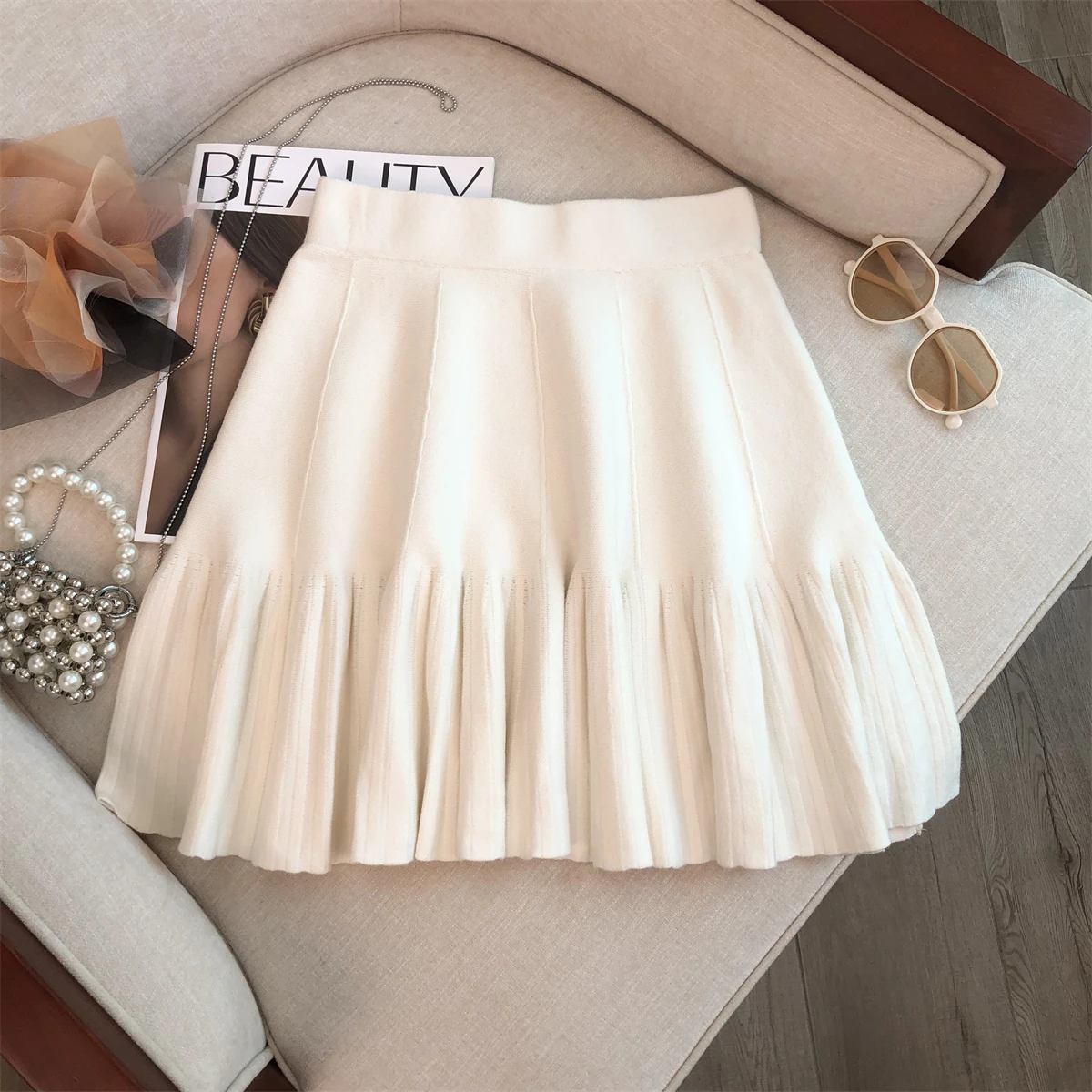 

Emily Clud Recommended Knitted Pleated Skirt Women's Autumn Winter ort Skirt Draped Hemline Casual High Waist for All Body ...