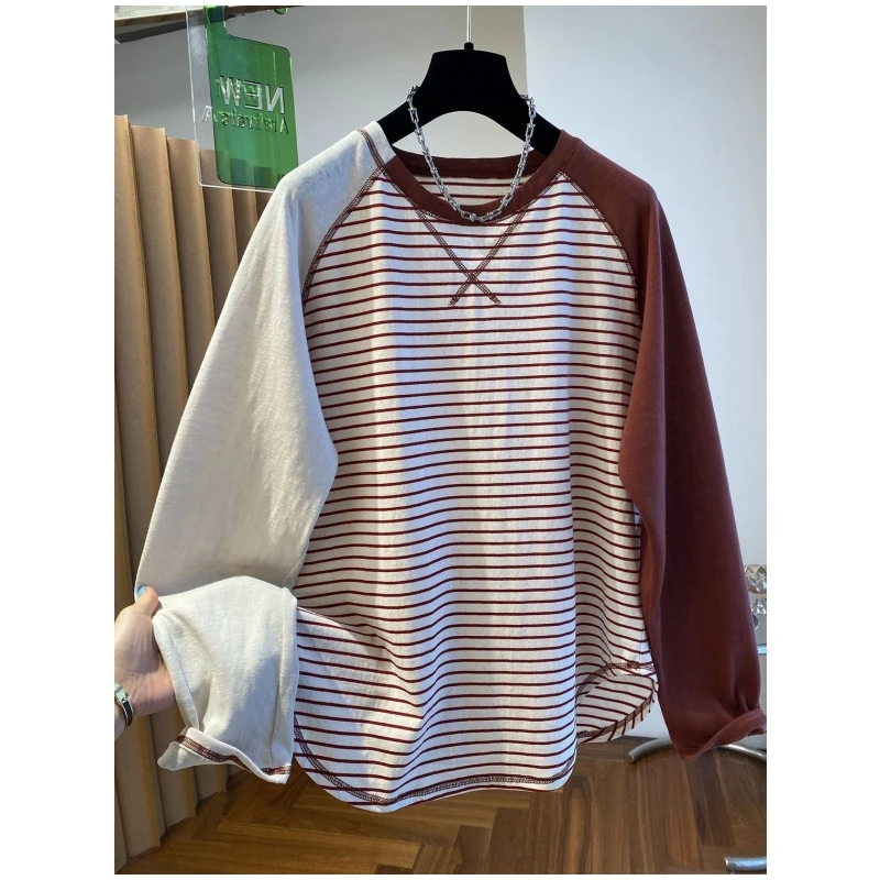 

Футболка с длинным рукавом в полоску в корейском стиле, размер 300 Pou, новинка ранней осени, с дизайнерскими вставками, молодежная мода