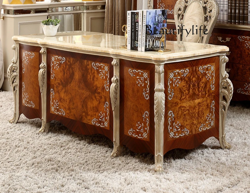 Light luxury European study furniture solid wood hand-carved marble writing table designer