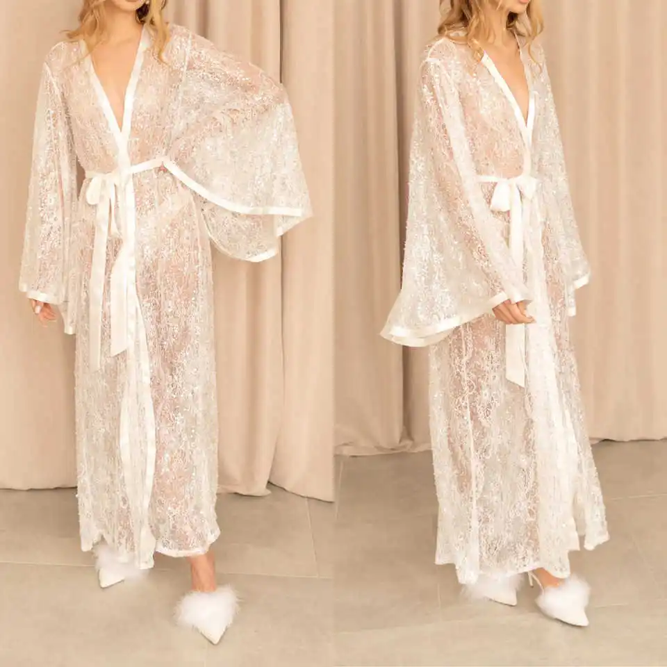 

Изящный халат невесты, ночная рубашка, кружевные аппликации, платья с длинными рукавами, одежда для сна для фотосессии, пижамы для выпускного вечера, подружки невесты по индивидуальному заказу