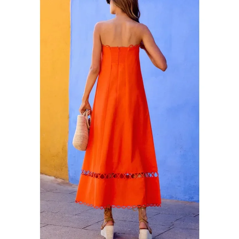 Hollow Out A-line Long Tube Dress Boho Vacation Holiday Dress Summer Women Off Shoulder Bohemian Dress Elegant INS Strapless