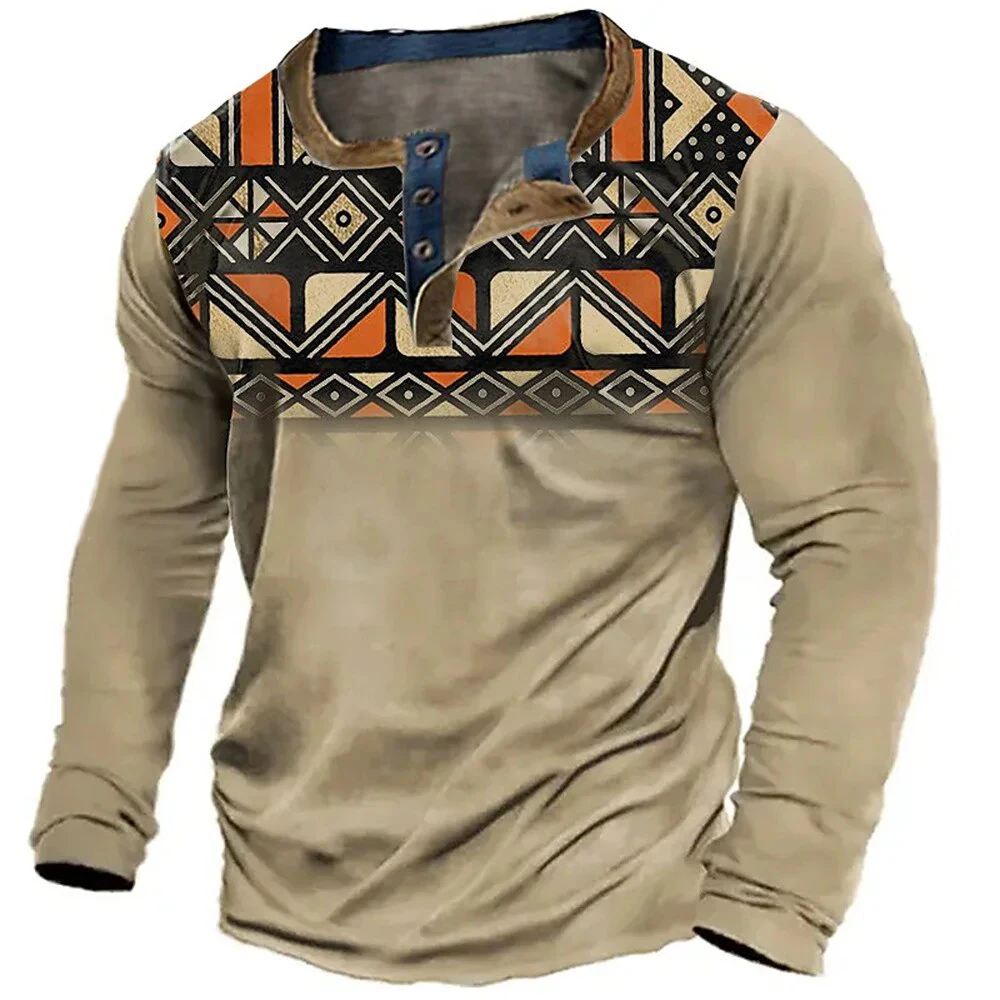 

Ethnic Style 3D Print Henley Shirts Men's Fashion Streetwear Vintage Button-Down Long Sleeve T Shirt Man Male Tees Tops Clothing