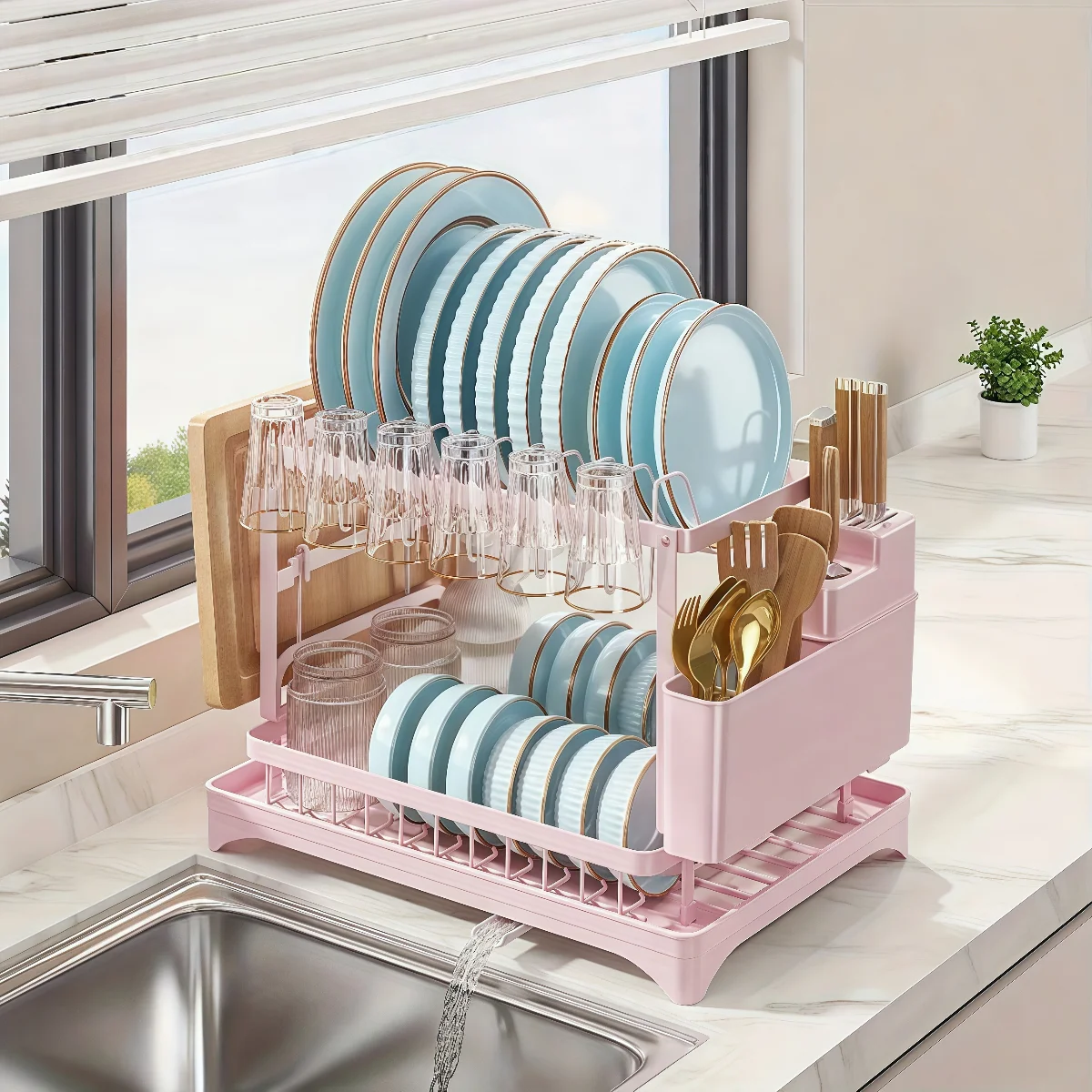 Traumhafter Küchenhelfer: All-in-One Geschirrständer für Teller, Schüsseln und Utensilien & Abtropfschale, Bohrfreie Installation